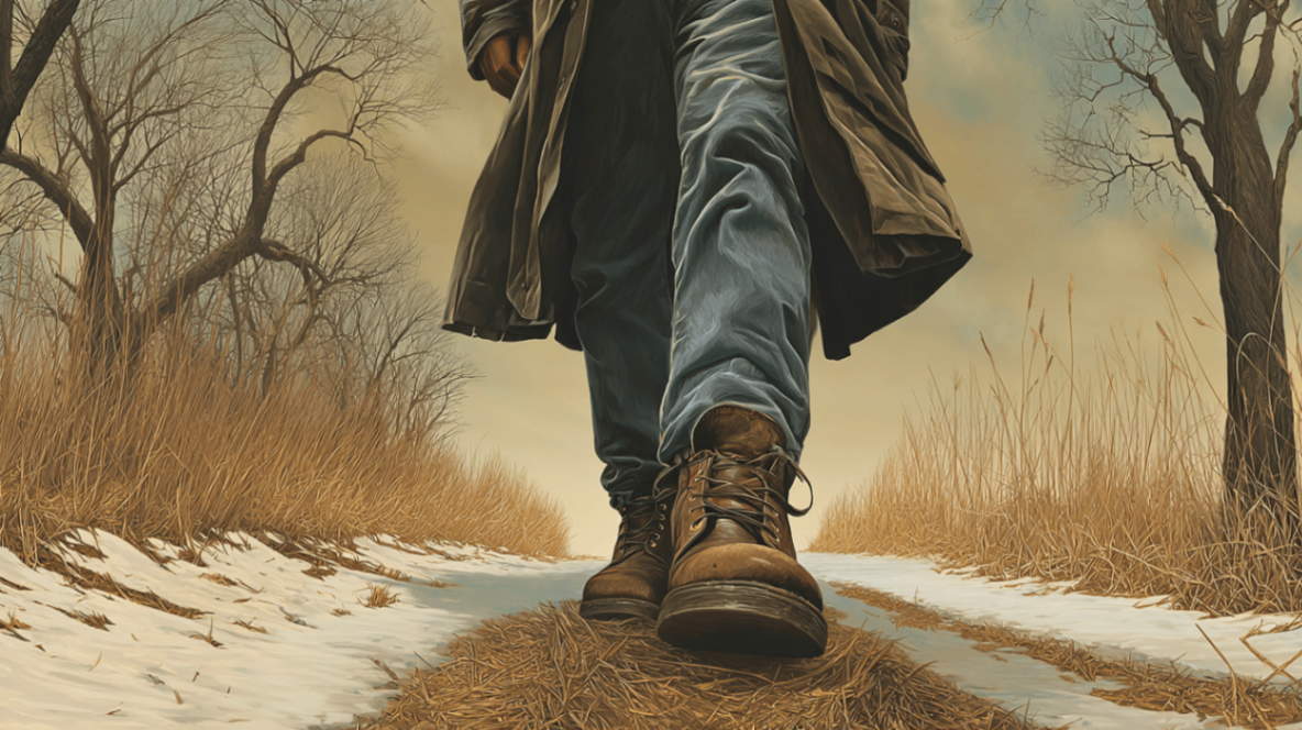 Man walking a winter path, boots close to the ground